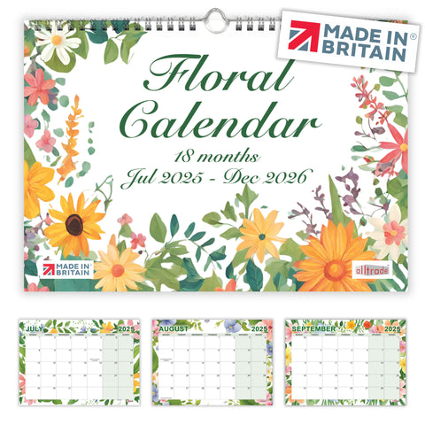 Floral 18 Month Calendar July 2025 - December 2026